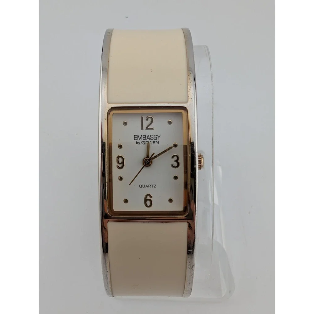 Embassy by Gruen Watch Women 20mm Case White Enamel Bangle Band- New Battery